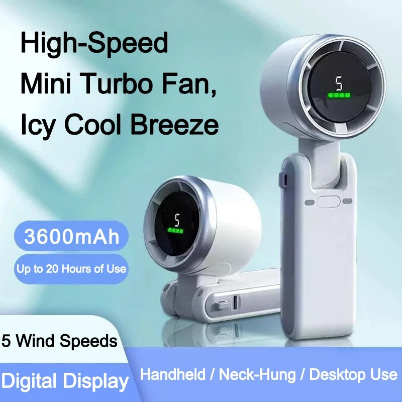 High-speed Handheld Small Fan USB Rechargeable Foldable Mini Turbo Cooling Fan Portable Neck-hung Electric Fan 500/3600mAH